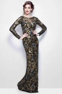 Primavera Couture - Long Sleeve Luxurious Floral Sequined Long Sheath Gown 1401