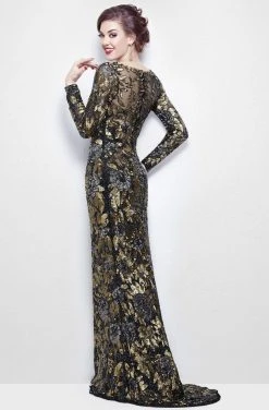 Primavera Couture - Long Sleeve Luxurious Floral Sequined Long Sheath Gown 1401