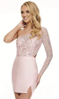 Rachel Allan - 40091 Beaded Asymmetric Neck Fitted Dress