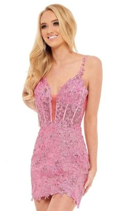 Rachel Allan - 40137 Plunging Neck Lace Corset Dress