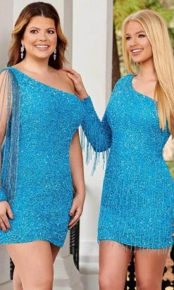 Rachel Allan 40201 - Beaded Fringe Sleeve Cocktail Dress