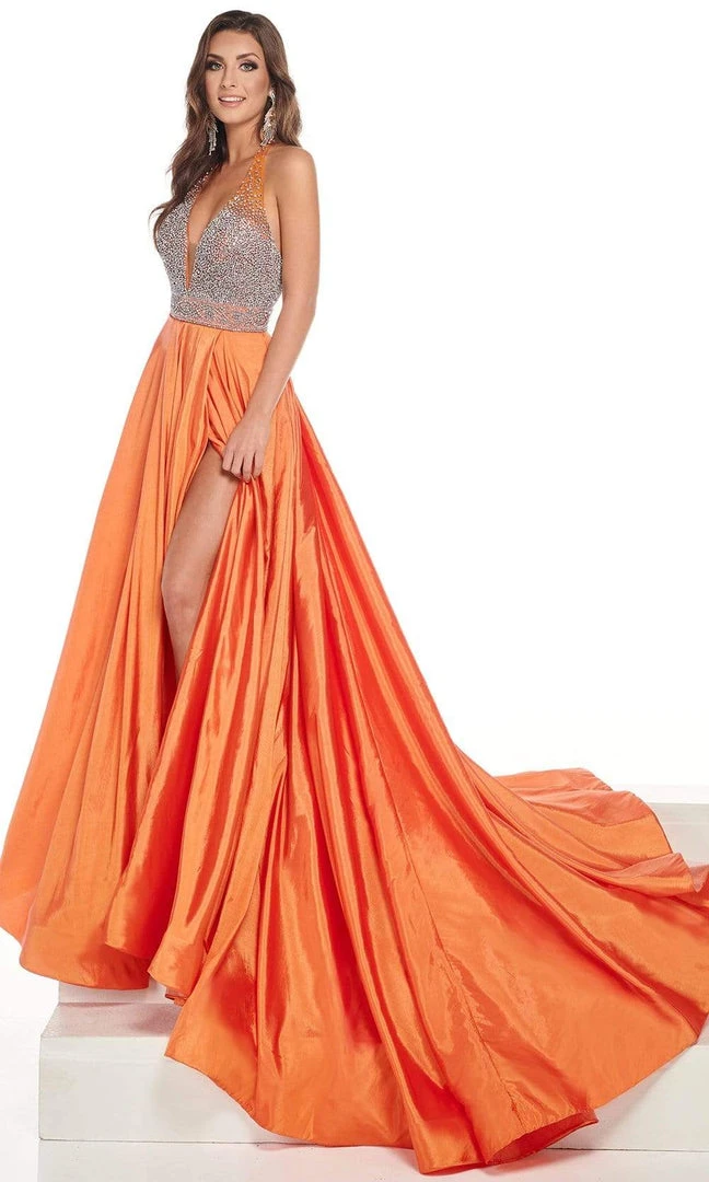 Rachel Allan - 50015 Beaded Halter A-Line Gown With Slit 6 Rachel Allan - 50015 Beaded Halter A-Line Gown With Slit