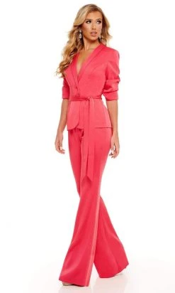 Rachel Allan - 50073 Plunging V-Neck Waist Tie Pantsuit