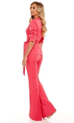 Rachel Allan - 50073 Plunging V-Neck Waist Tie Pantsuit