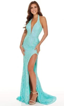 Rachel Allan - 70041 Sequined Plunging Halter High Slit Gown