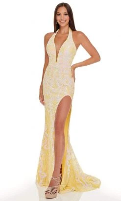 Rachel Allan - 70041 Sequined Plunging Halter High Slit Gown