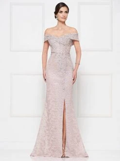 Long Dresses Rina Di Montella - Lace Off-Shoulder Evening Dress With Slit RD2655 - 1 Pc Dusty Rose In Size 12 Available