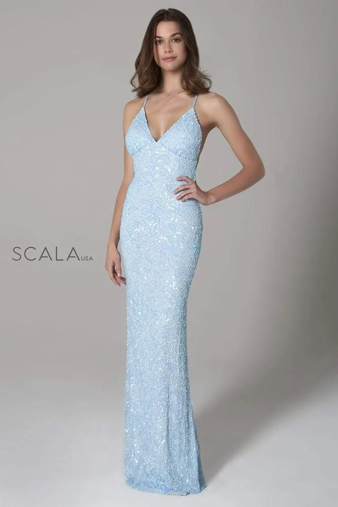 Scala - 47542 Full Sequins Strapless V Neck Open Back Sheath Gown 12 Scala - 47542 Full Sequins Strapless V Neck Open Back Sheath Gown