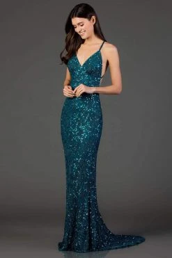 Scala - 47542 Full Sequins Strapless V Neck Open Back Sheath Gown