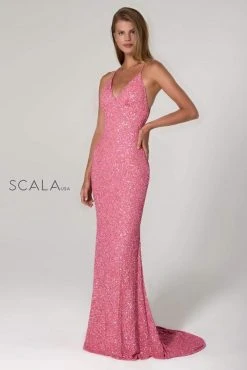 Scala - 47551 Full Sequins Open Back Fitted Evening Gown 34 Scala - 47551 Full Sequins Open Back Fitted Evening Gown