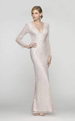 Scala - 48312 V-Neck Beaded Stripes Evening Dress