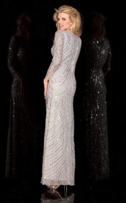 Scala - 48312 V-Neck Beaded Stripes Evening Dress