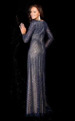 Scala - 48312 V-Neck Beaded Stripes Evening Dress