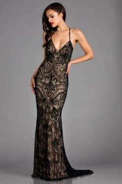 Scala - 48557 Lace Plunging V-neck Sheath Dress