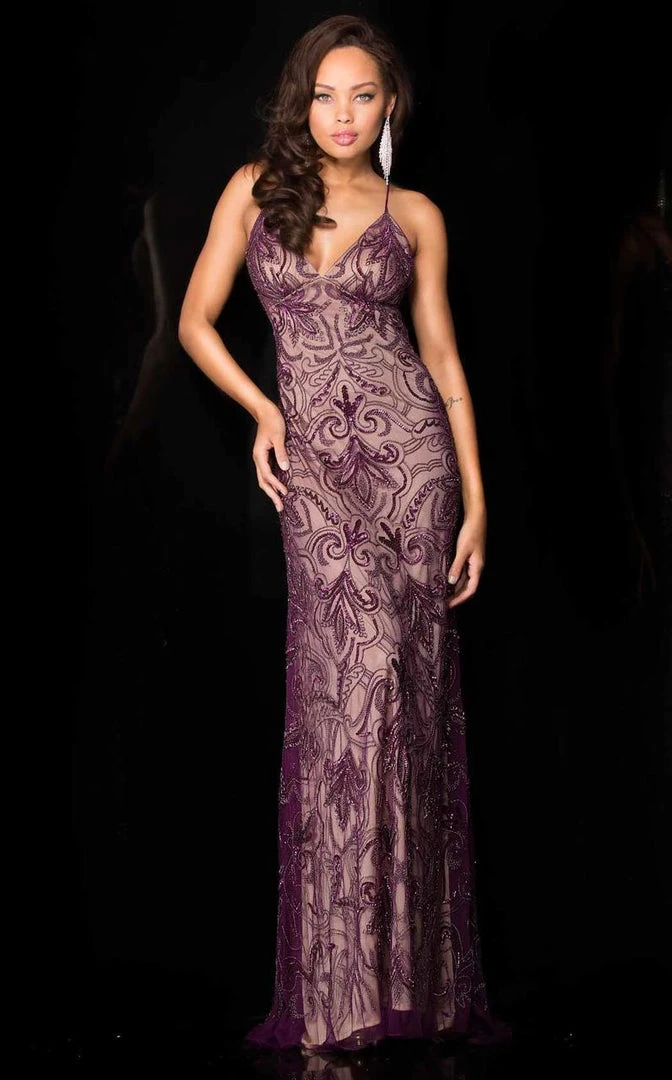 Scala - 48557 Lace Plunging V-neck Sheath Dress 11 Scala - 48557 Lace Plunging V-neck Sheath Dress