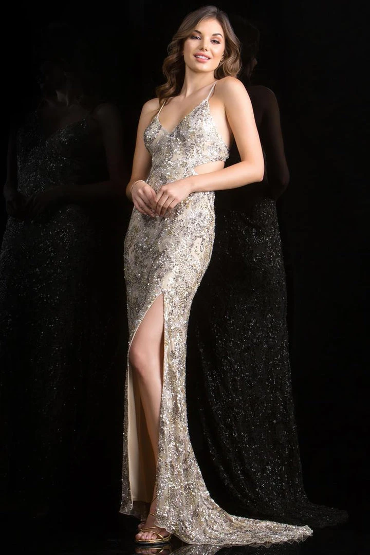 Scala - 48679 Sequined V Neck Dress With Slit 7 Scala - 48679 Sequined V Neck Dress With Slit