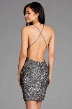 Scala - 48782 Fitted String Strapped Sequin Dress In Ice Blue