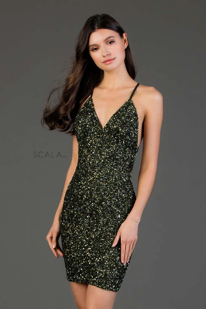 Scala - 48782 Fitted String Strapped Sequin Dress In Rouge 9 Scala - 48782 Fitted String Strapped Sequin Dress In Rouge