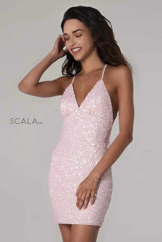 Scala - 48782 Fitted String Strapped Sequin Dress In Rouge 11 Scala - 48782 Fitted String Strapped Sequin Dress In Rouge