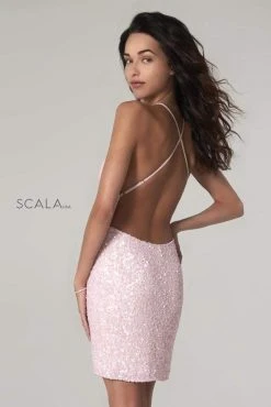 Scala - 48782 Fitted String Strapped Sequin Dress In Rouge 29 Scala - 48782 Fitted String Strapped Sequin Dress In Rouge