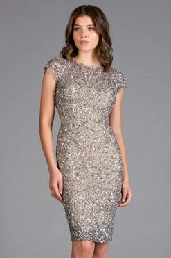 Scala - 48864 Knee Length Sequin-Crusted Cap Sleeve Dress