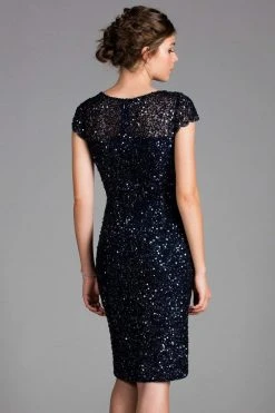 Scala - 48864 Knee Length Sequin-Crusted Cap Sleeve Dress