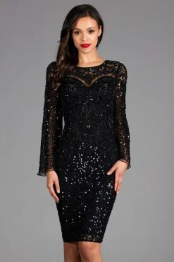 Scala - 48885 Sequined Long Bell Sleeve Fitted Dress