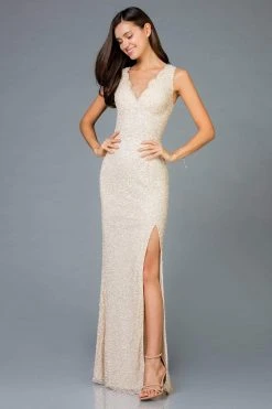 Scala - 48933 Sequined Scalloped V-neck Sheath Dress