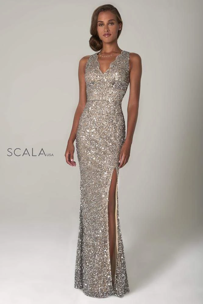 Scala - 48933 Sequined Scalloped V-neck Sheath Dress 11 Scala - 48933 Sequined Scalloped V-neck Sheath Dress