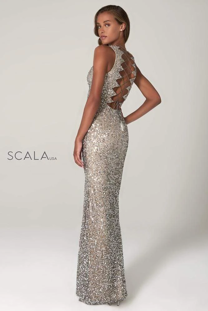 Scala - 48933 Sequined Scalloped V-neck Sheath Dress 12 Scala - 48933 Sequined Scalloped V-neck Sheath Dress