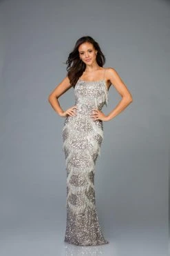 Scala - 48934 Embellished Fringed Sheath Evening Dress