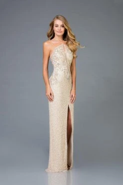 Scala - 48940 Embellished Halter Gown With Slit