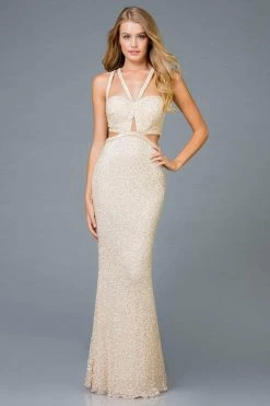 Scala - 48946 Sequined Midriff Cutout Long Sheath Gown