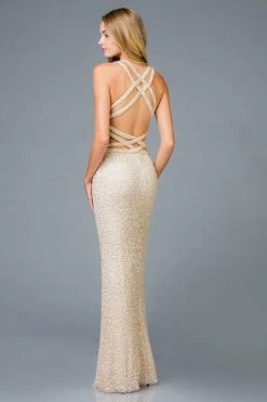 Scala - 48946 Sequined Midriff Cutout Long Sheath Gown