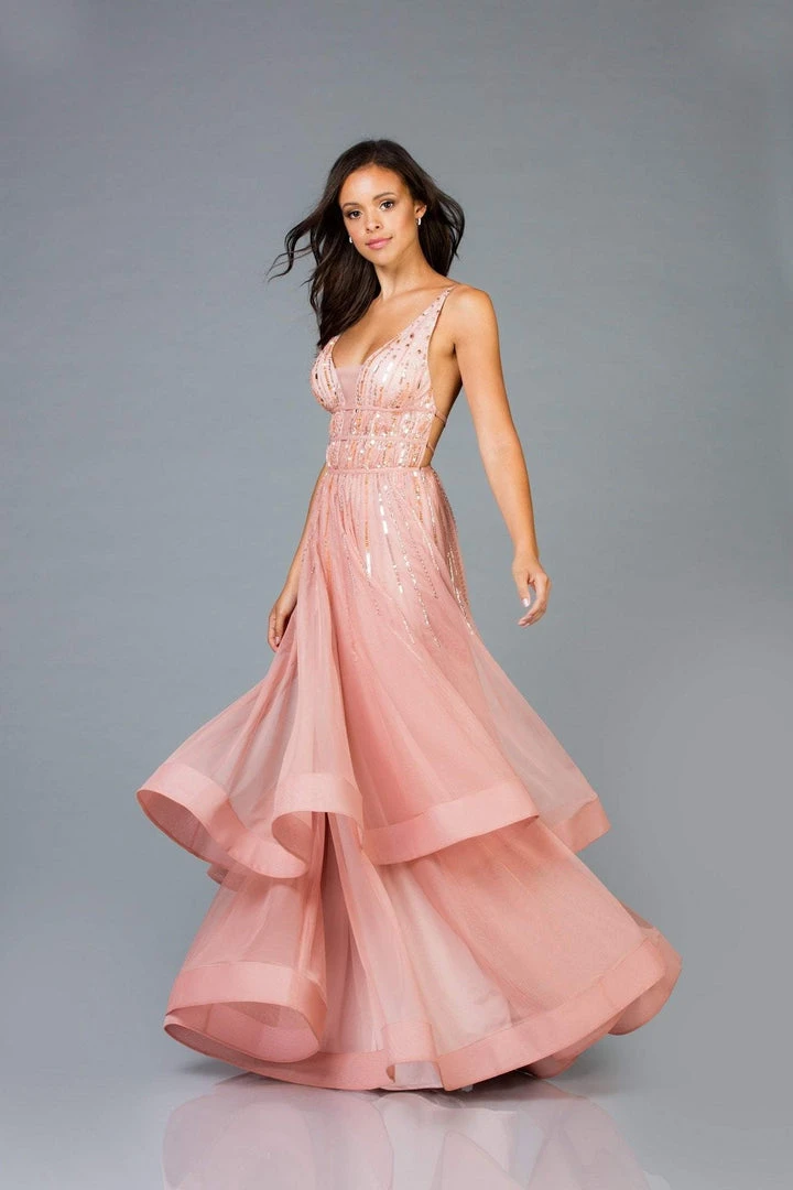 Scala - 48947 Sequined Deep V-neck Tiered A-line Dress 3 Scala - 48947 Sequined Deep V-neck Tiered A-line Dress