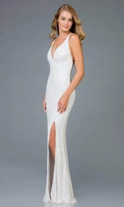 Scala - 48949 Sequined Plunging Halter V-neck Sheath Dress