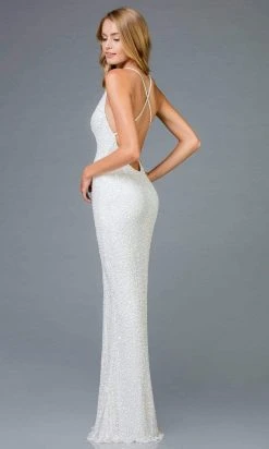 Scala - 48949 Sequined Plunging Halter V-neck Sheath Dress