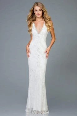 Scala - 48951 Embellished Plunging V-neck Sheath Dress