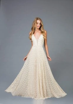 Scala - 48952 Beaded Deep V-neck Tulle A-line Dress