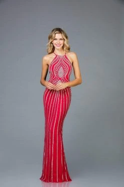 Scala - 48956 Sequined Halter Neck Fitted Dress