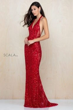 Scala - 48959 Fully Sequined Halter V-neck Fitted Dress 26 Scala - 48959 Fully Sequined Halter V-neck Fitted Dress