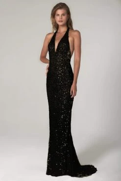 Scala - 48959 Fully Sequined Halter V-neck Fitted Dress 22 Scala - 48959 Fully Sequined Halter V-neck Fitted Dress
