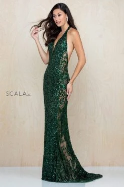 Scala - 48959 Fully Sequined Halter V-neck Fitted Dress 28 Scala - 48959 Fully Sequined Halter V-neck Fitted Dress