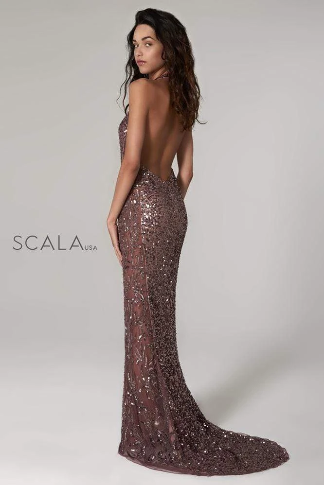 Scala - 48959 Fully Sequined Halter V-neck Fitted Dress 12 Scala - 48959 Fully Sequined Halter V-neck Fitted Dress