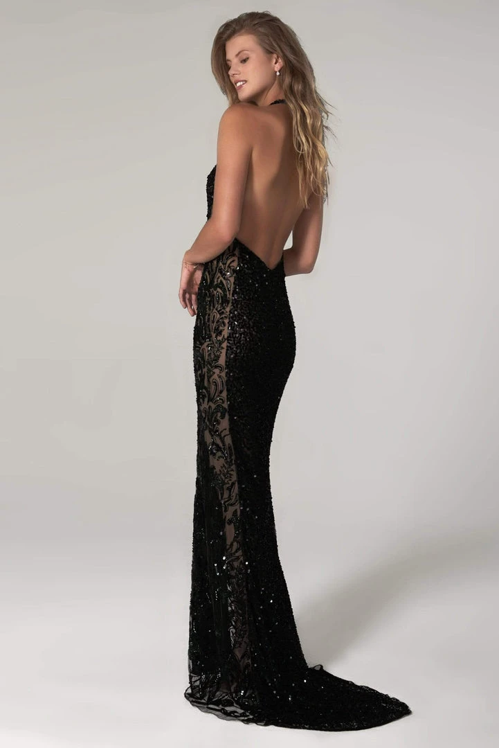 Scala - 48959 Fully Sequined Halter V-neck Fitted Dress 10 Scala - 48959 Fully Sequined Halter V-neck Fitted Dress