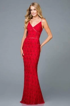 Scala - 48960 Bedazzled V-neck Trumpet Dress