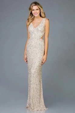 Scala - 48962 Sequined V-neck Long Sheath Dress