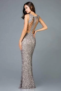 Scala - 48962 Sequined V-neck Long Sheath Dress