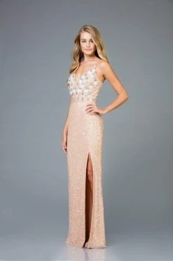 Scala - 48963 Sequined Deep V-neck Sheath Dress With Slit