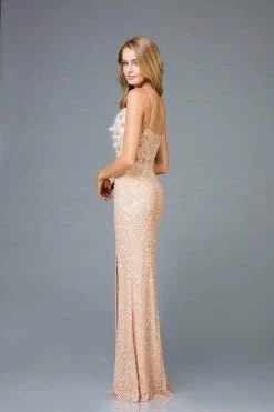 Scala - 48963 Sequined Deep V-neck Sheath Dress With Slit